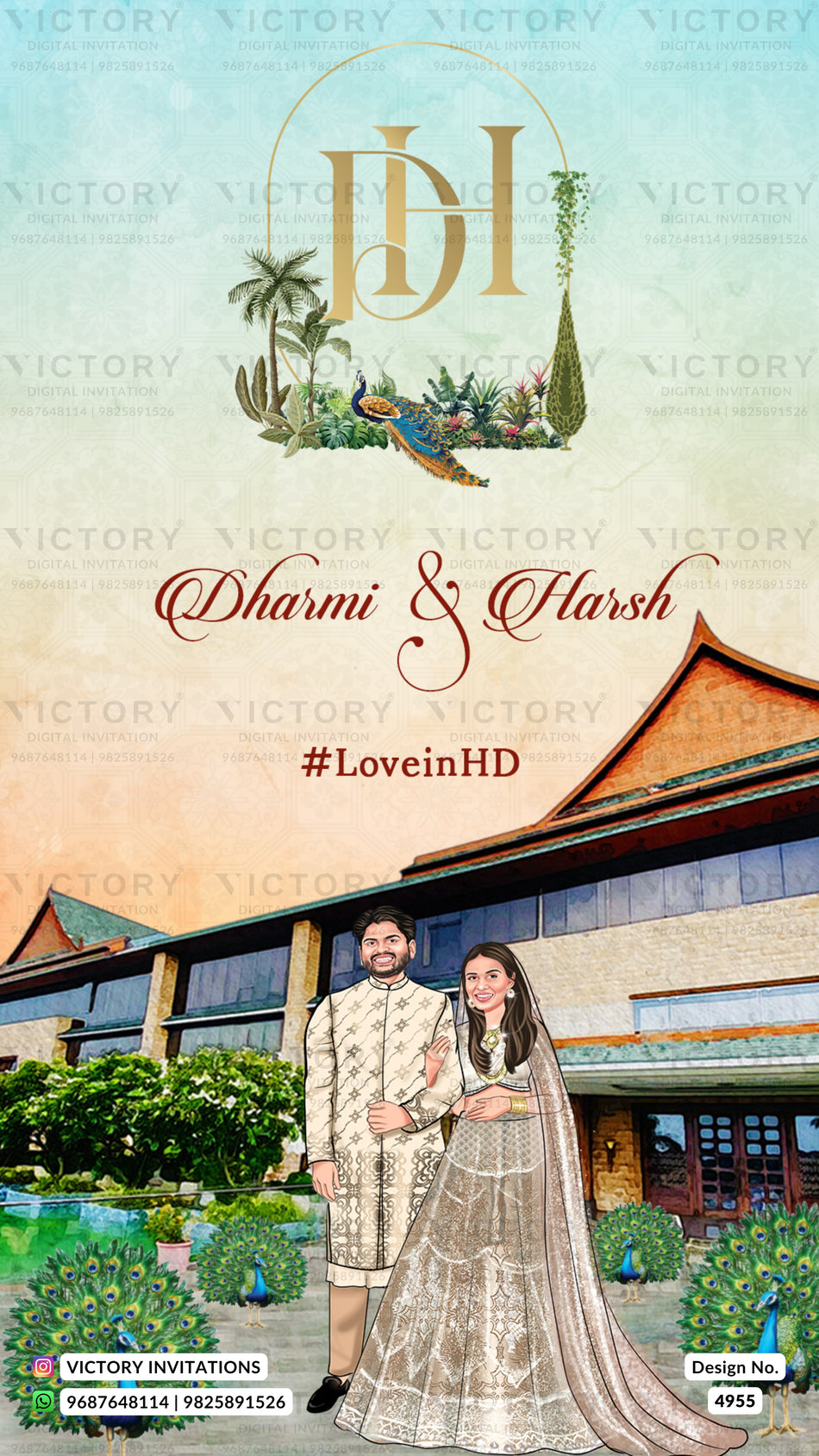 Custom wedding invitation card featuring a couple in traditional Indian attire standing in front of a resort building, with a decorative gold monogram logo and text reading 'Dharmi & Harsh' and '#LoveinHD'.