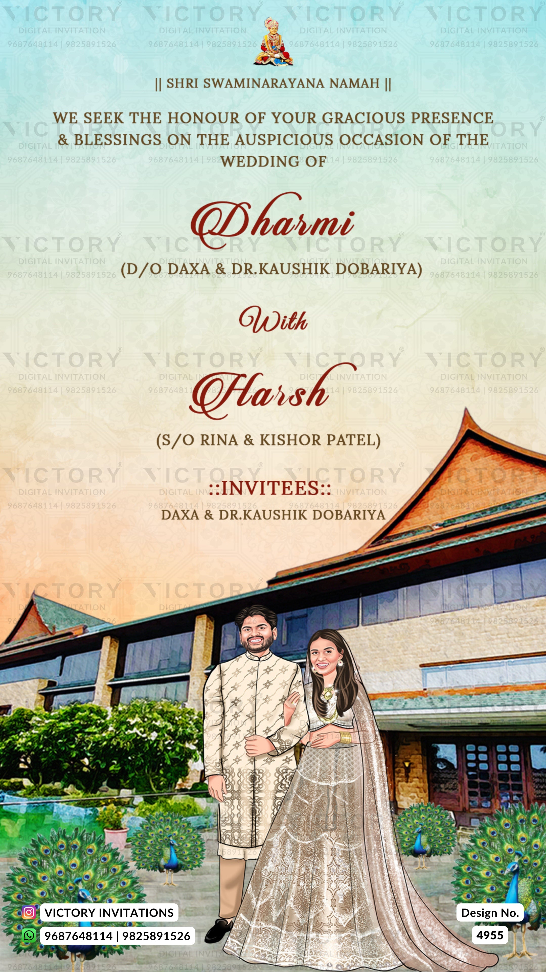 A wedding invitation card from Victory Invitations featuring a traditional Indian wedding theme. The top half has a textured cream and light blue background with elegant red and black text for the names of Shri Swaminarayan Namah and Dharma & Harsh.