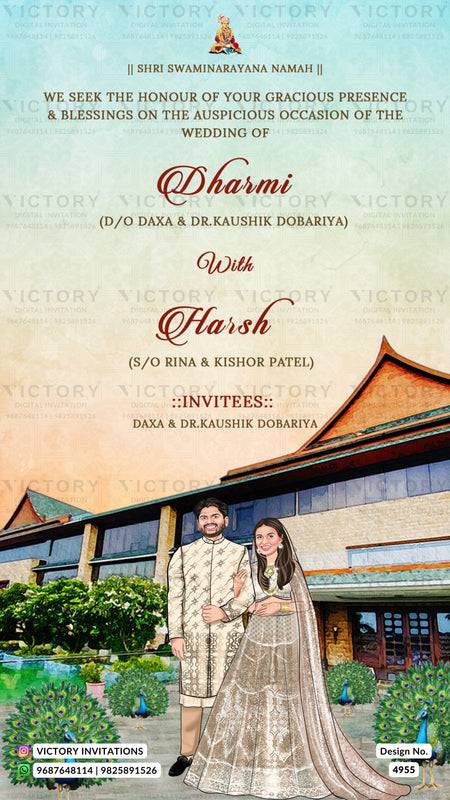 A wedding invitation card from Victory Invitations featuring a traditional Indian wedding theme. The top half has a textured cream and light blue background with elegant red and black text for the names of Shri Swaminarayan Namah and Dharma & Harsh.