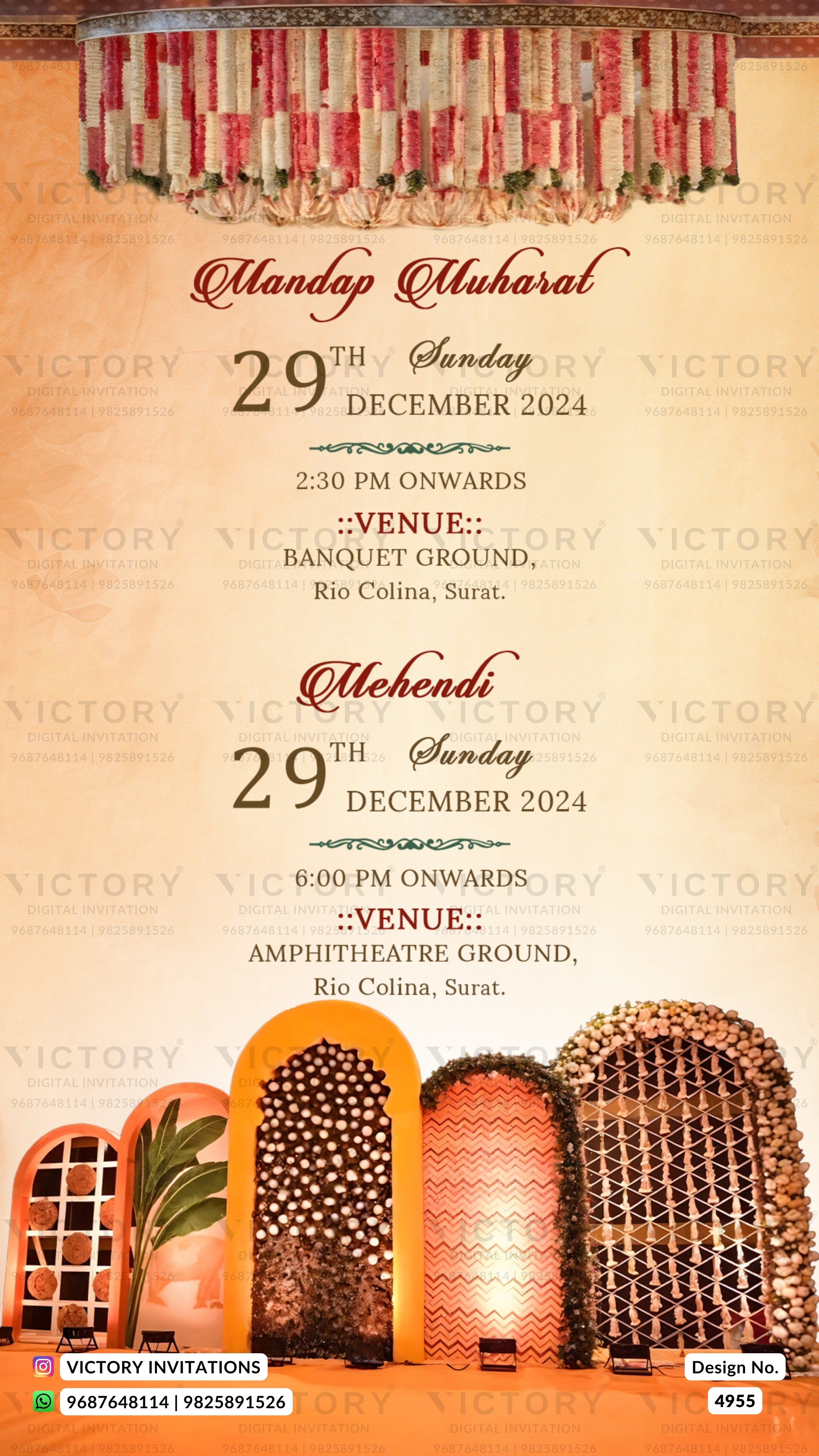 A festive wedding invitation card for Mandap Muharal and Mehndi on Sunday, 29th December 2024. The design features a warm beige background with traditional Indian patterns, including a red and gold patterned garland at the top, stylized arched doorway illustrations in orange and brown, and text detailing the venues: Banquet Ground, Rio Colina, Surat, and Amphitheatre Ground, Rio Colina, Surat.