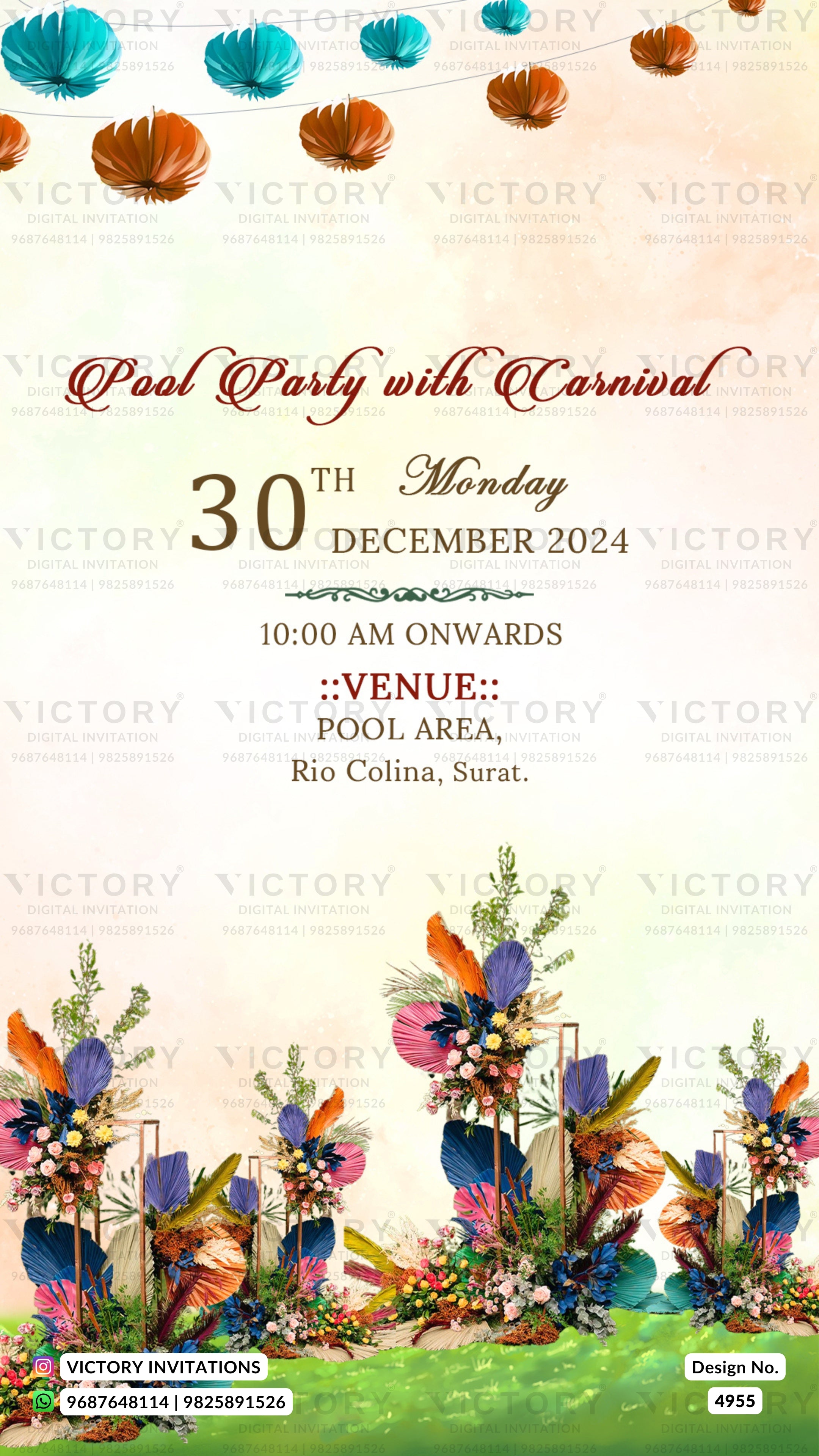 A digital invitation card design for a 'Pool Party with Carnival' on Monday, 30th December 2024. The card features a warm cream background with watercolor illustrations of colorful paper lanterns at the top and vibrant carnival-themed floral arches at the bottom.