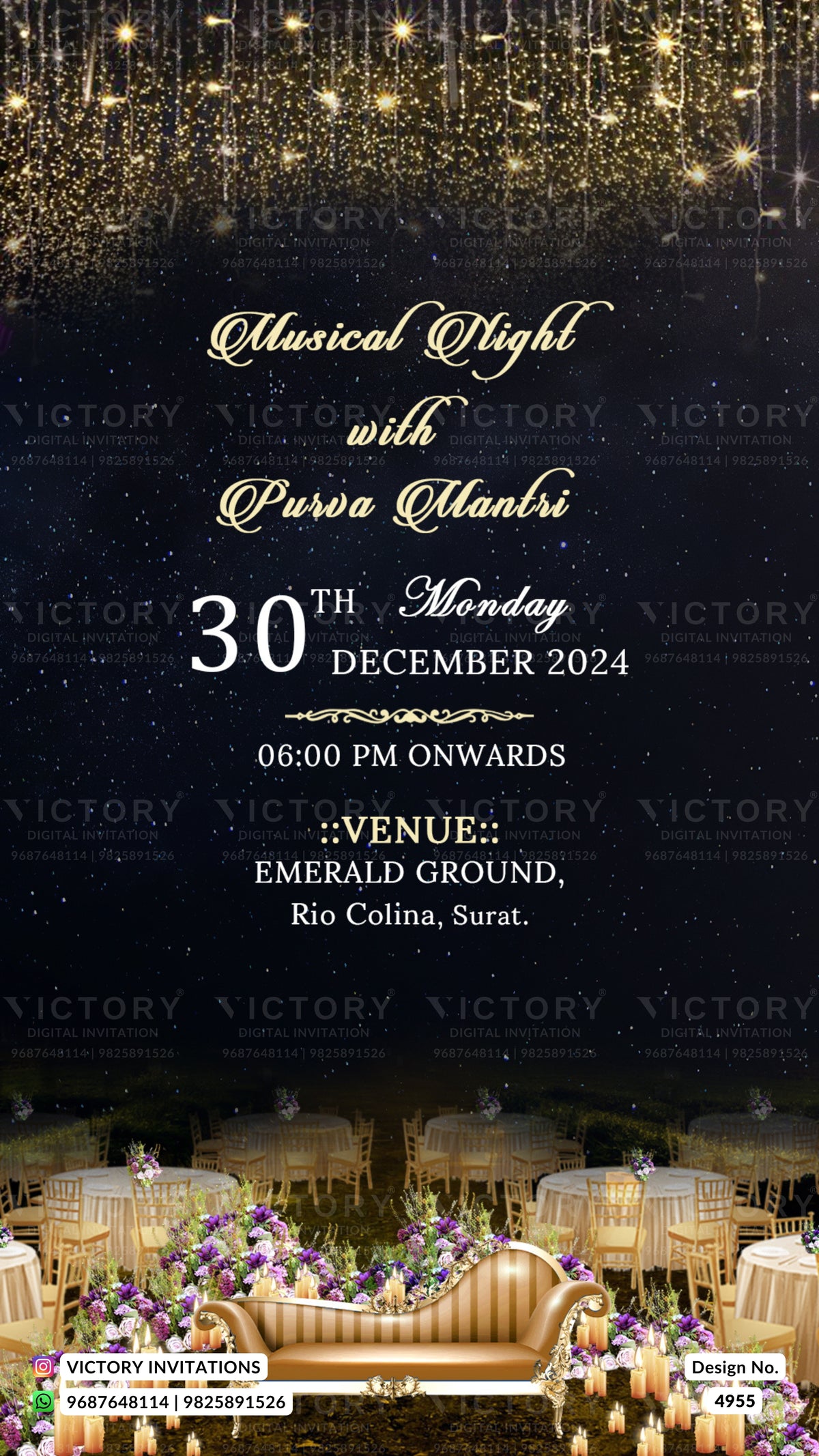 A digital wedding invitation card for the event 'Olitical Night with Purva Olantri', featuring a dark starry night sky with gold glitter accents, elegant gold and white typography, and a bottom illustration of a decorated event venue with tables, chairs, and a champagne-colored sofa adorned with purple flowers.