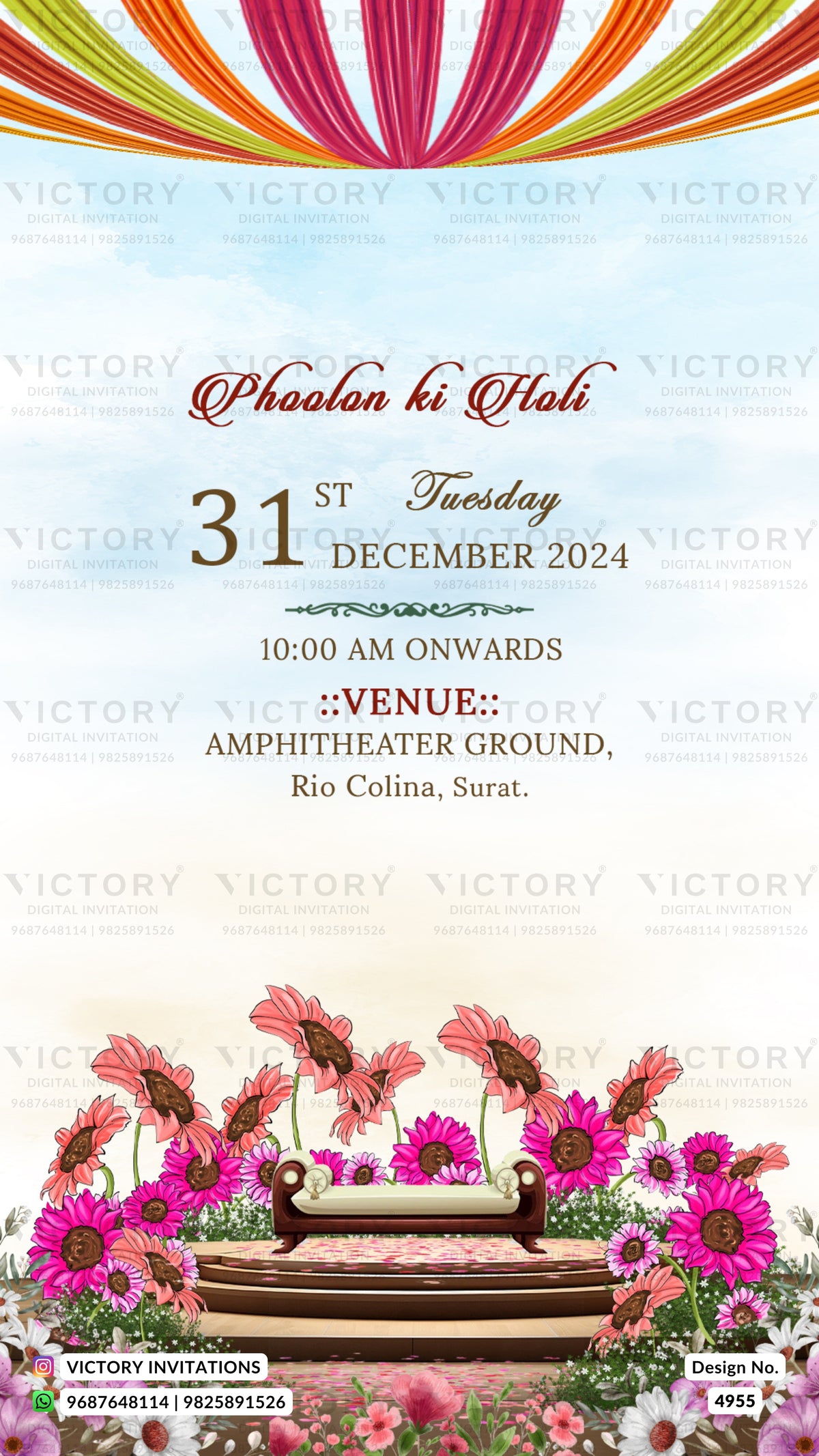 A festive wedding invitation card design for 'Phoolon ki Holi' on Tuesday, 31st December 2024. The card features a colorful striped arch at the top, elegant red and gold script text in the center, and a pink and purple daisy arrangement surrounding a small stage set with a white sofa at the bottom.