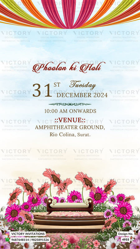 A festive wedding invitation card design for 'Phoolon ki Holi' on Tuesday, 31st December 2024. The card features a colorful striped arch at the top, elegant red and gold script text in the center, and a pink and purple daisy arrangement surrounding a small stage set with a white sofa at the bottom.