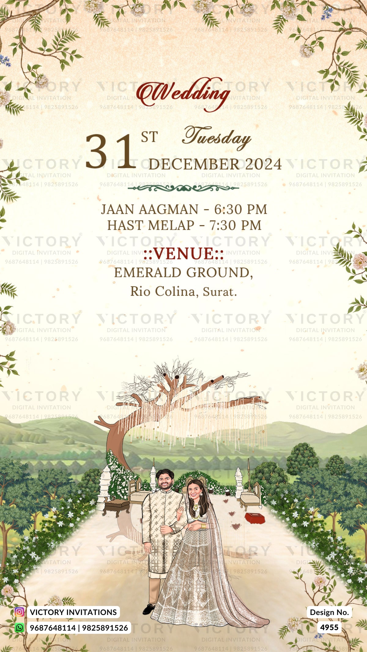 A wedding invitation card design with a cream background, floral border illustrations, and event text reading 'Wedding' and '31st Tuesday December 2024,' plus venue details. The lower portion features an illustrated bride and groom standing under a tree in a green landscape.
