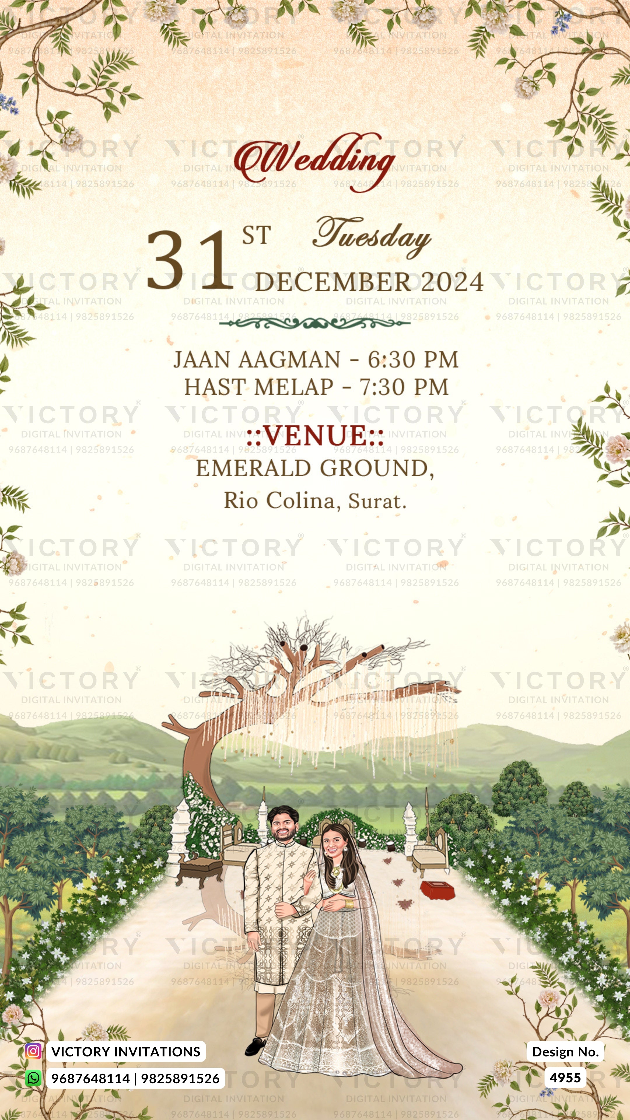 A wedding invitation card design with a cream background, floral border illustrations, and event text reading 'Wedding' and '31st Tuesday December 2024,' plus venue details. The lower portion features an illustrated bride and groom standing under a tree in a green landscape.