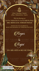 A digital preview of a wedding invitation card featuring a dark brown background with elegant gold borders, gold floral illustrations, and white text for a Shree Mahakaleshwar Namak wedding.