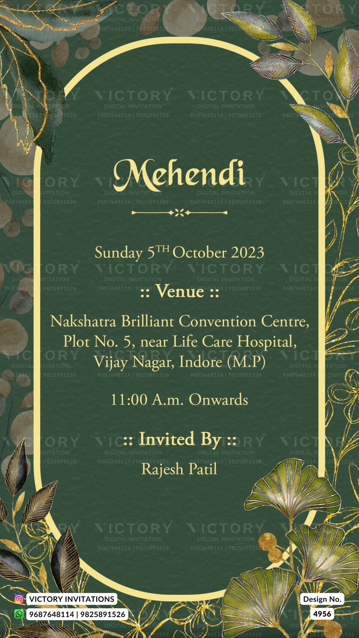 A digital Mehndi invitation card featuring a dark green background with gold decorative borders, floral illustrations, and elegant gold text detailing the event information.