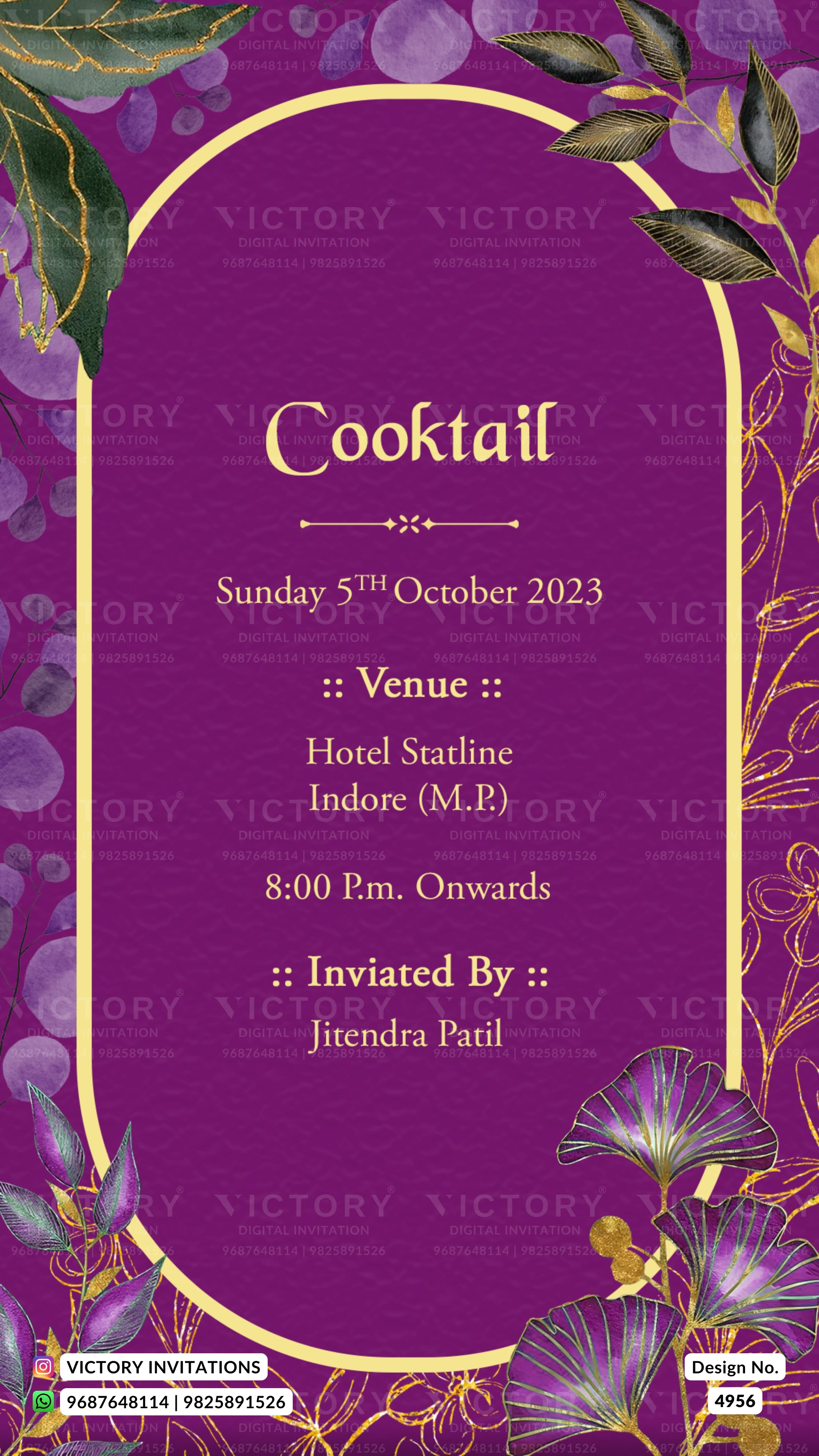 A purple cocktail event invitation card with gold decorative borders, floral illustrations, and event details including the date Sunday 5th October 2023, venue Hotel Statline Indore (M.P.