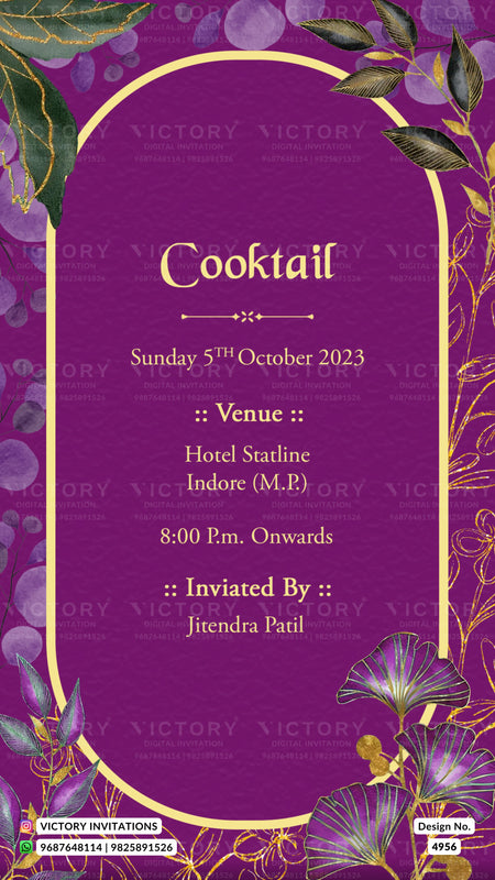 A purple cocktail event invitation card with gold decorative borders, floral illustrations, and event details including the date Sunday 5th October 2023, venue Hotel Statline Indore (M.P.