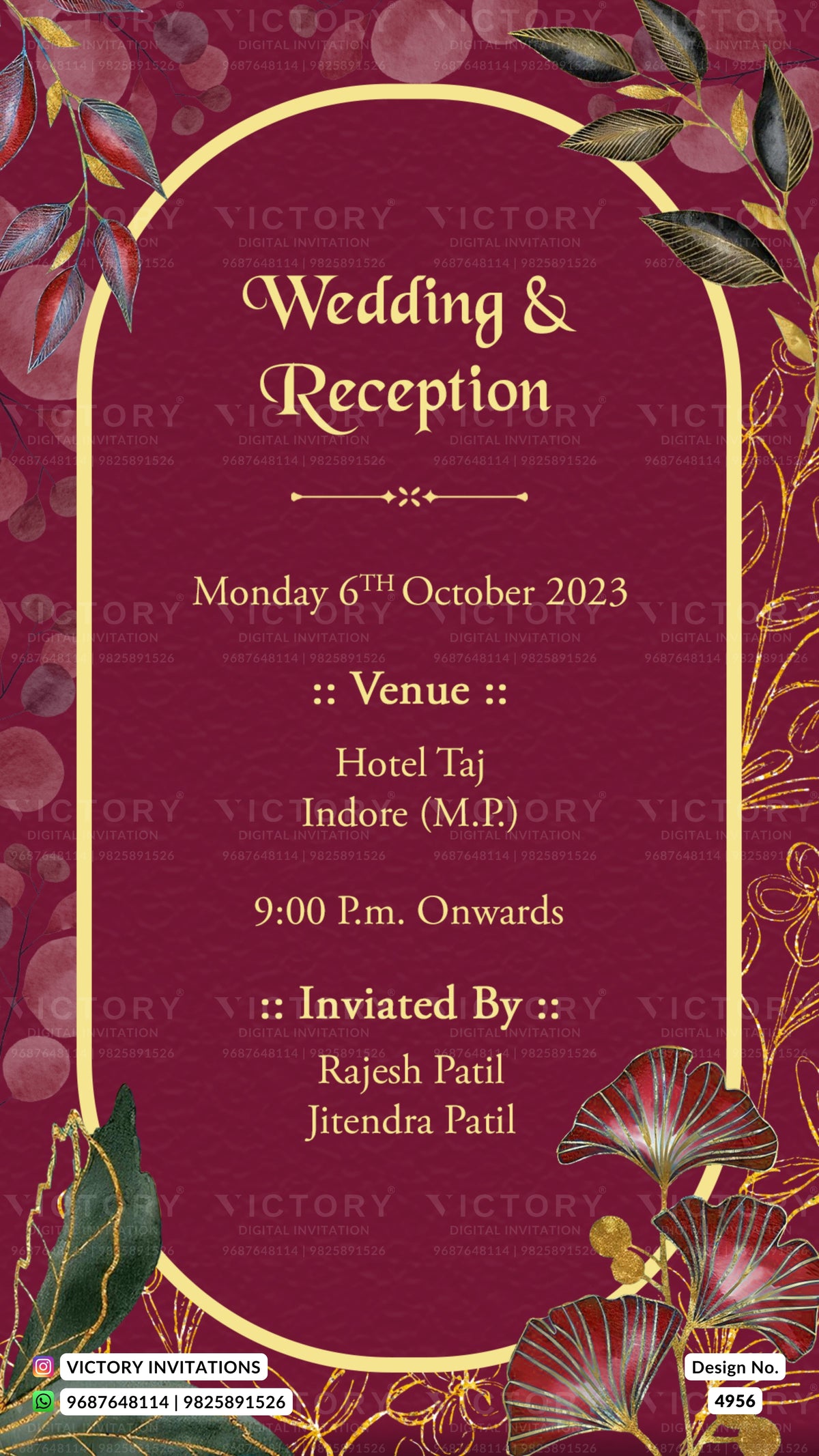 A digital wedding reception invitation card featuring a deep maroon background with elegant gold borders, gold text, and botanical illustrations in the corners. The text details the event date, time, venue, and guests.