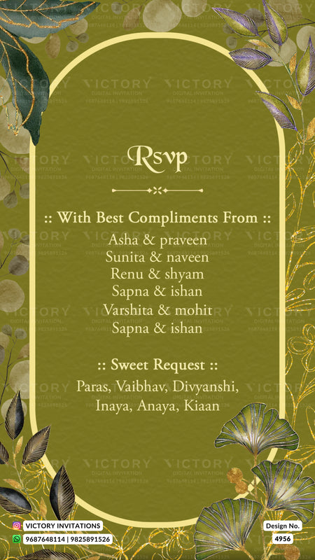 A digital RSVP card design for an event, featuring a textured olive green background with a central cream arch frame. The card includes decorative botanical borders in gold and purple tones, with printed text for compliments and a sweet request.