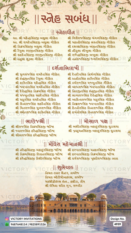 A decorative Gujarati wedding invitation card featuring a warm beige background, brown and gold text, and floral border illustrations. The card includes a prominent title 'ल्ने व्या' at the top and multiple paragraphs of script below, with a faint 'VICTORY INVITATIONS' watermark across the design.
