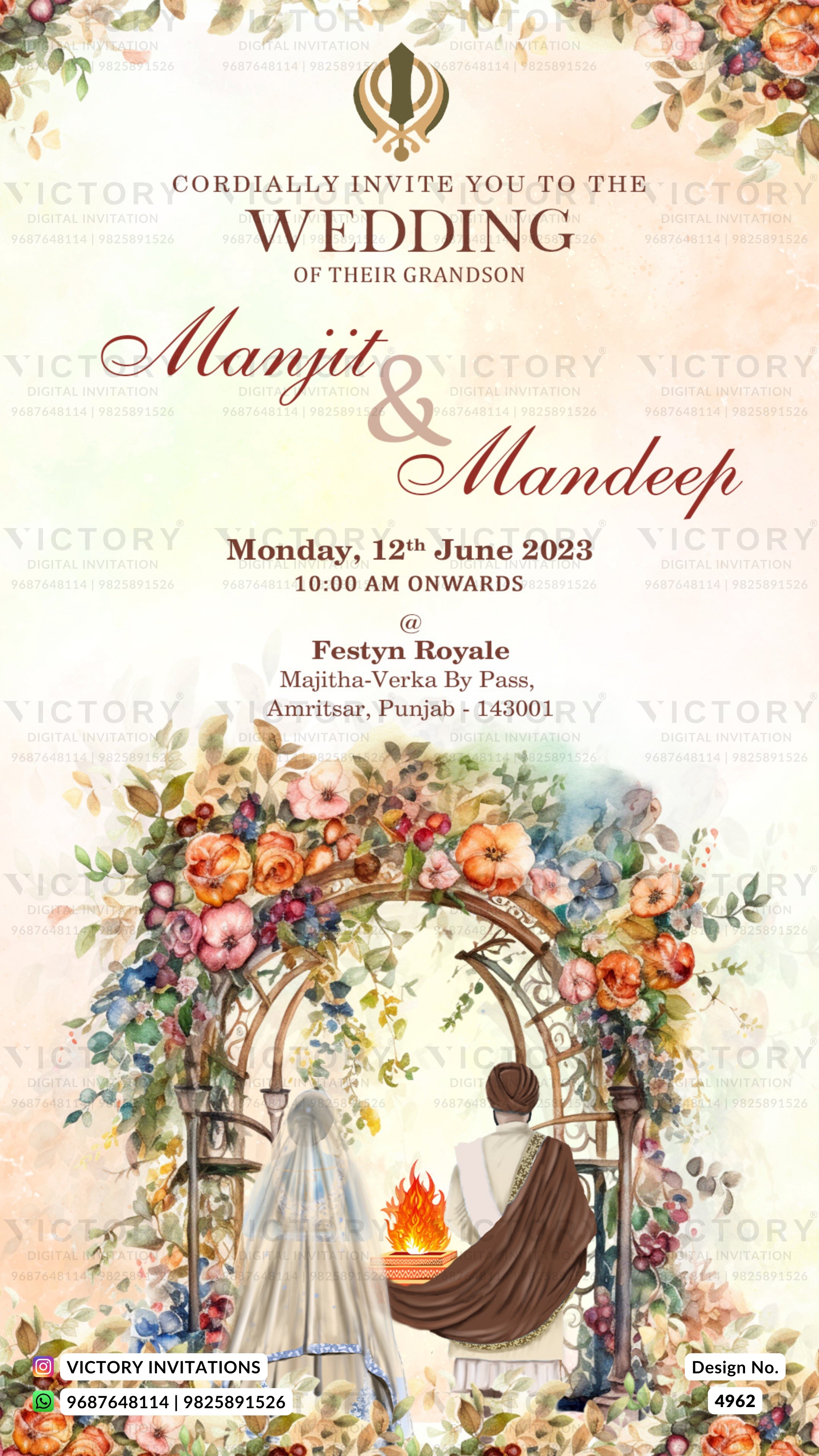 A wedding invitation card design featuring a floral arch illustration with a bride and groom seated under a flaming torch, alongside event details and the Khanda symbol at the top.