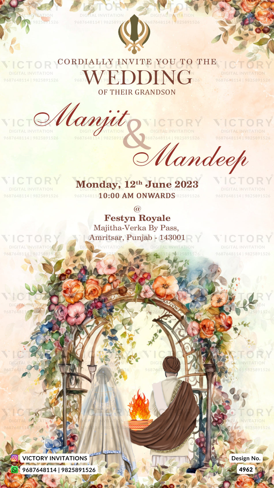 A wedding invitation card design featuring a floral arch illustration with a bride and groom seated under a flaming torch, alongside event details and the Khanda symbol at the top.