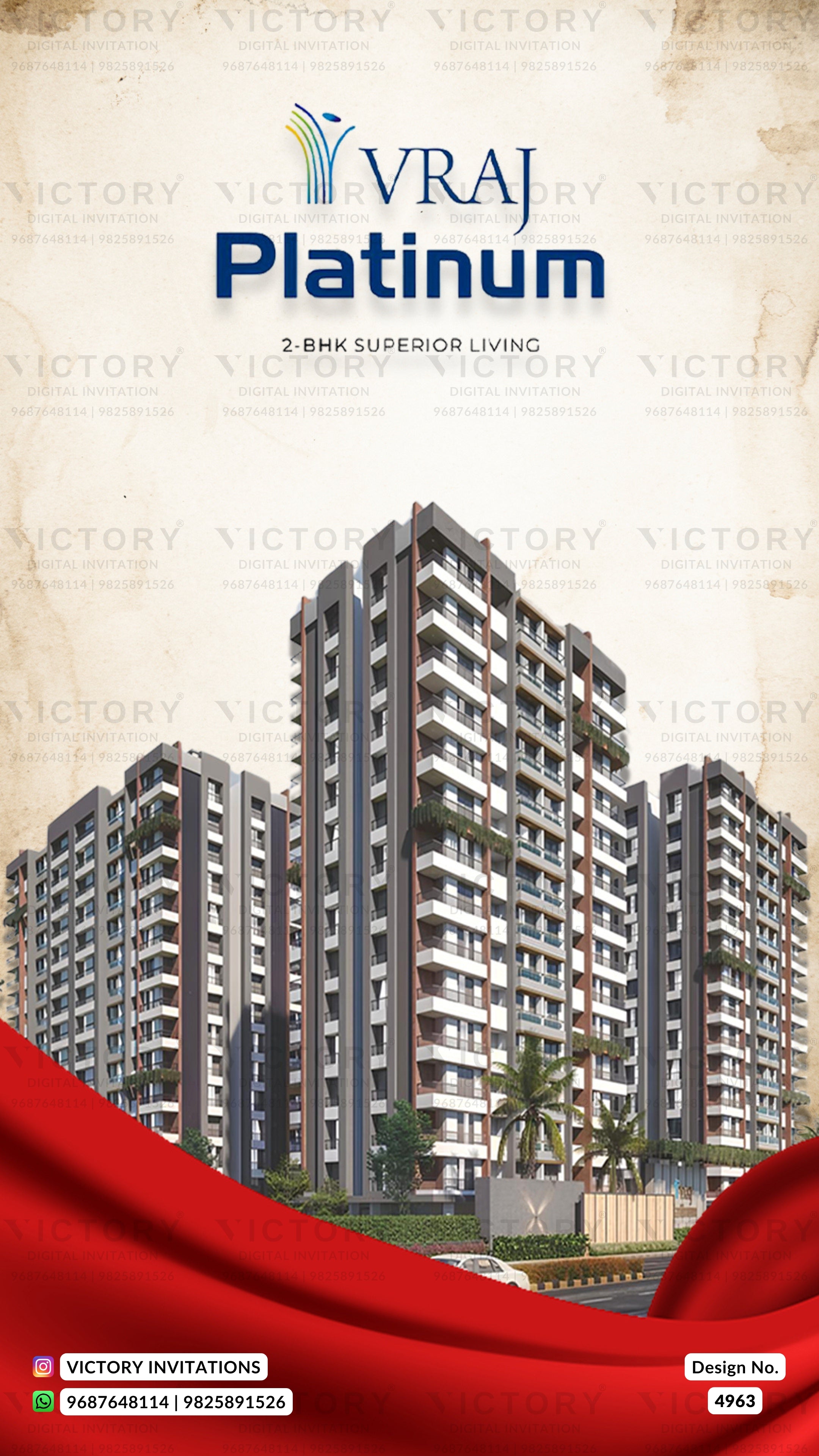 Promotional graphic for VRAJ Platinum, showing several tall modern apartment buildings with a beige textured background, blue title text at the top, a red draped fabric element across the bottom, and contact details for Victory Invitations.