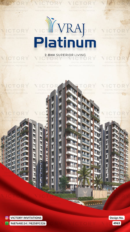 Promotional graphic for VRAJ Platinum, showing several tall modern apartment buildings with a beige textured background, blue title text at the top, a red draped fabric element across the bottom, and contact details for Victory Invitations.