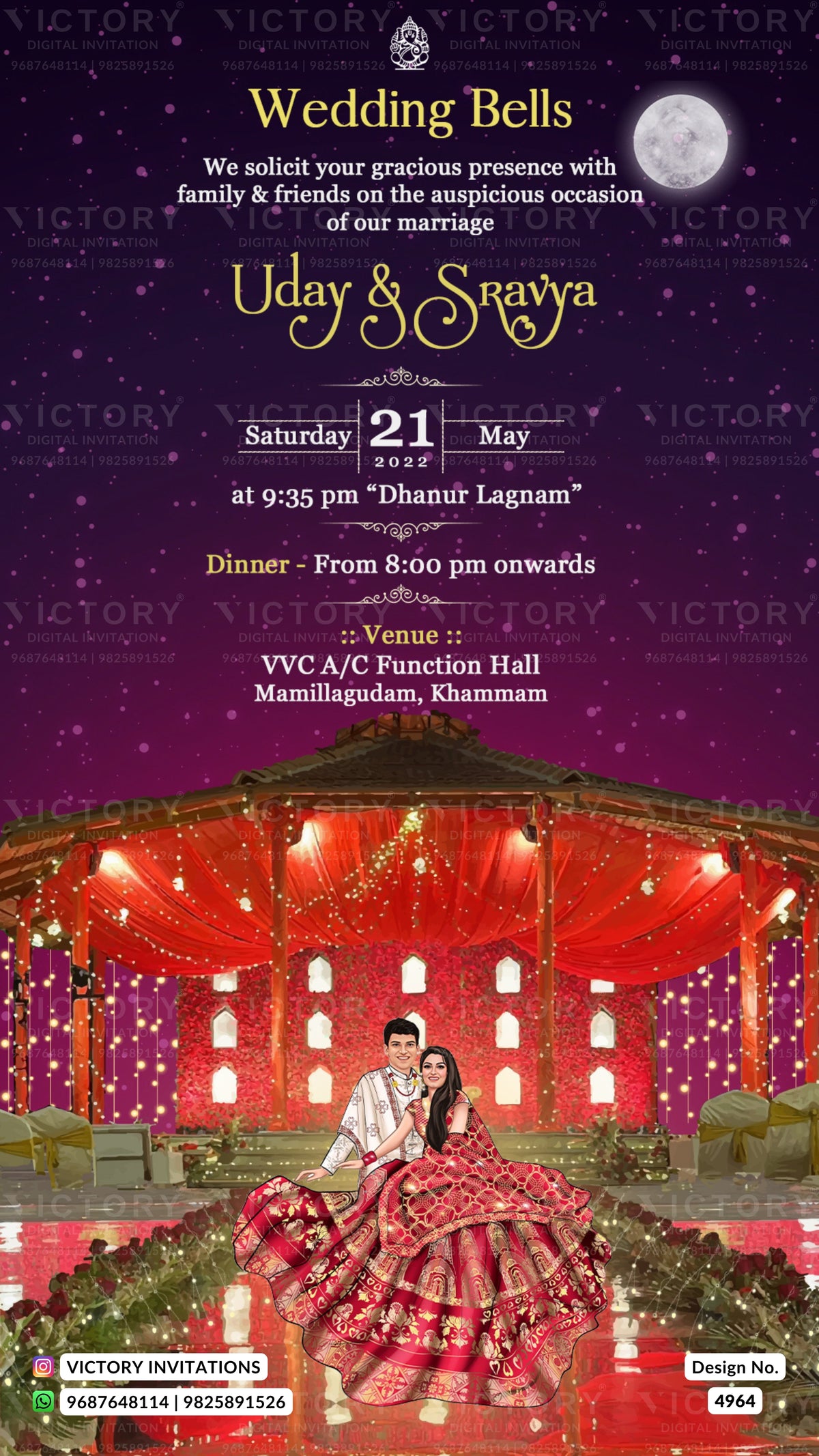 A digital wedding invitation card featuring a purple starry sky background with a full moon, elegant gold and white typography for 'Wedding Bells' and 'Uday & Snavya', and a detailed illustration of a decorated traditional Indian wedding mandapa with a bride and groom seated in the foreground.