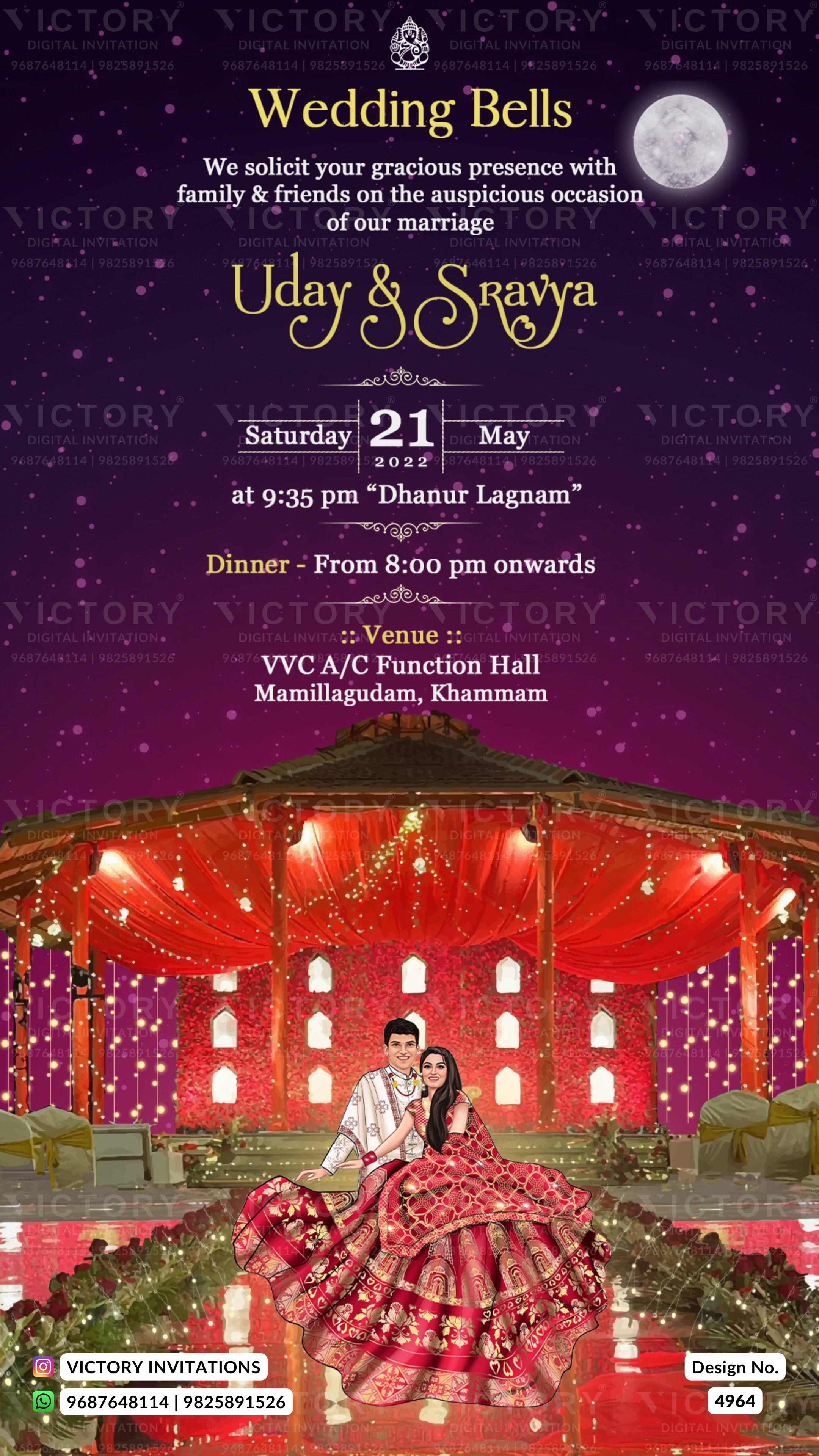 A digital wedding invitation card featuring a purple starry sky background with a full moon, elegant gold and white typography for 'Wedding Bells' and 'Uday & Snavya', and a detailed illustration of a decorated traditional Indian wedding mandapa with a bride and groom seated in the foreground.