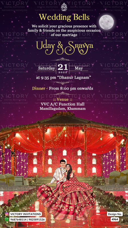 A digital wedding invitation card featuring a purple starry sky background with a full moon, elegant gold and white typography for 'Wedding Bells' and 'Uday & Snavya', and a detailed illustration of a decorated traditional Indian wedding mandapa with a bride and groom seated in the foreground.