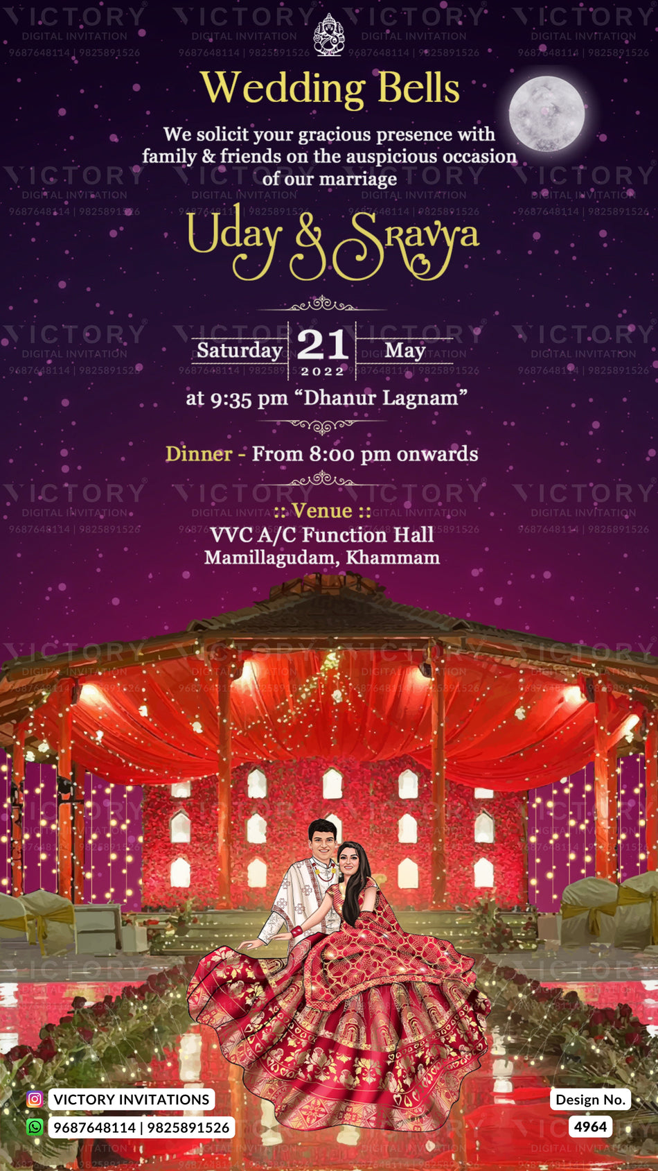 A digital wedding invitation card featuring a purple starry sky background with a full moon, elegant gold and white typography for 'Wedding Bells' and 'Uday & Snavya', and a detailed illustration of a decorated traditional Indian wedding mandapa with a bride and groom seated in the foreground.