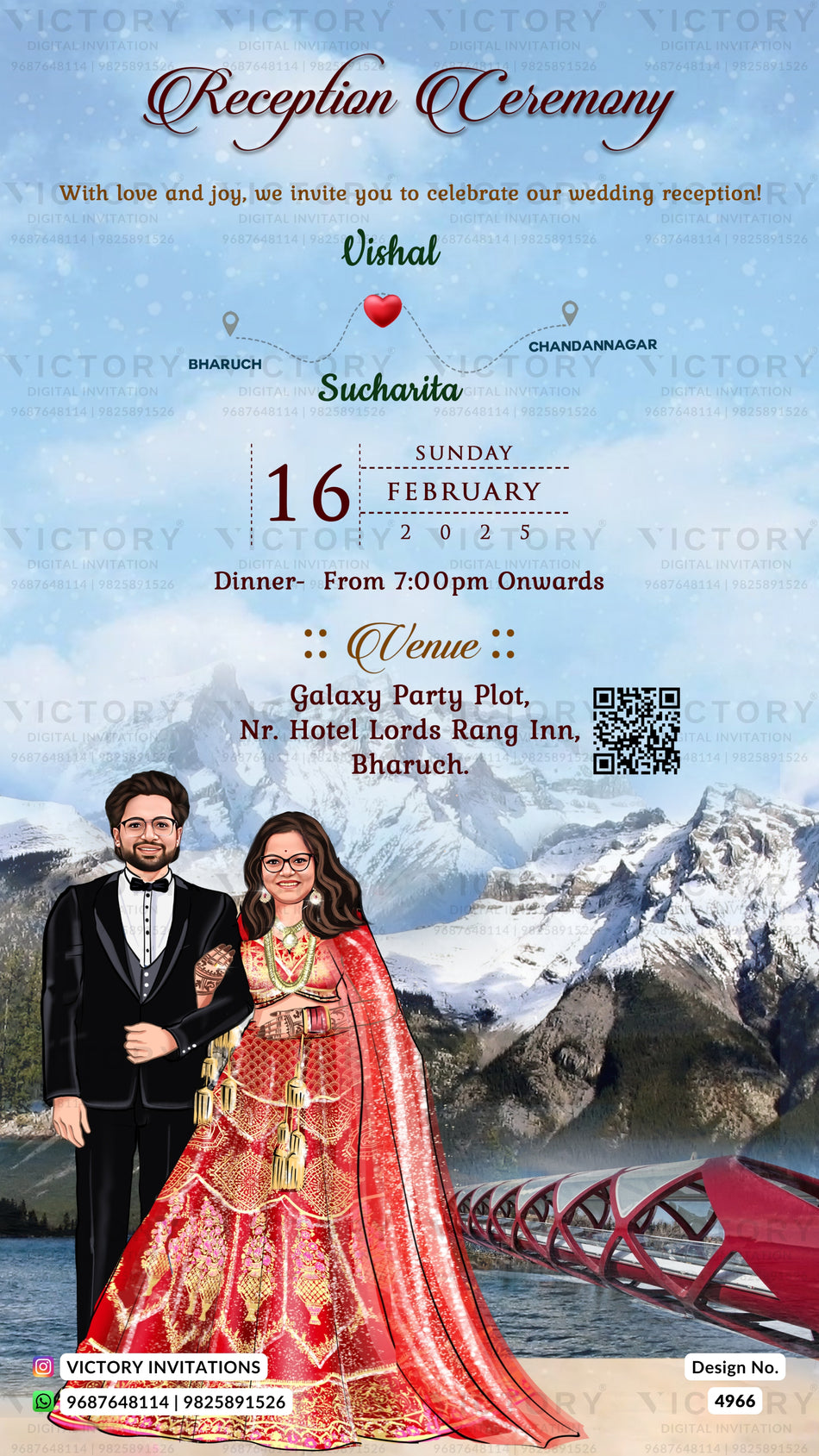 Traditional couple caricature invitation card for Reception Party in English language with mountain, heart as forest theme design 4966