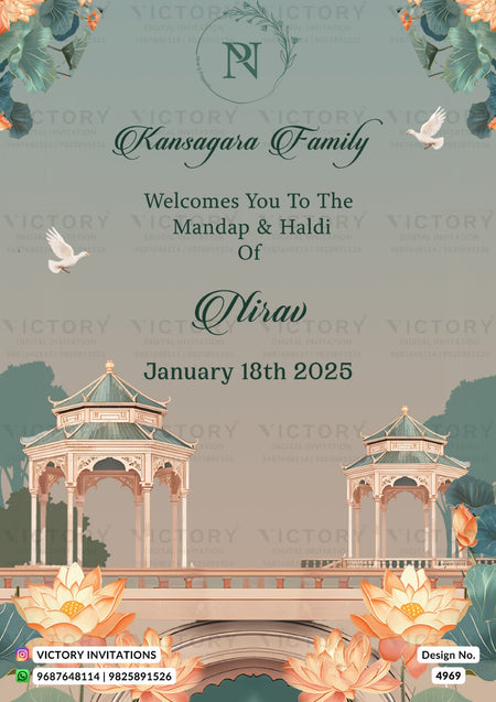 Custom wedding invitation card for the Kansagara Family welcoming Nishav, dated January 18th 2025. The design features a soft sage green background with elegant typography, illustrations of traditional Indian pavilions, lotus flowers, and white doves, branded with 'VICTORY INVITATIONS' at the bottom.