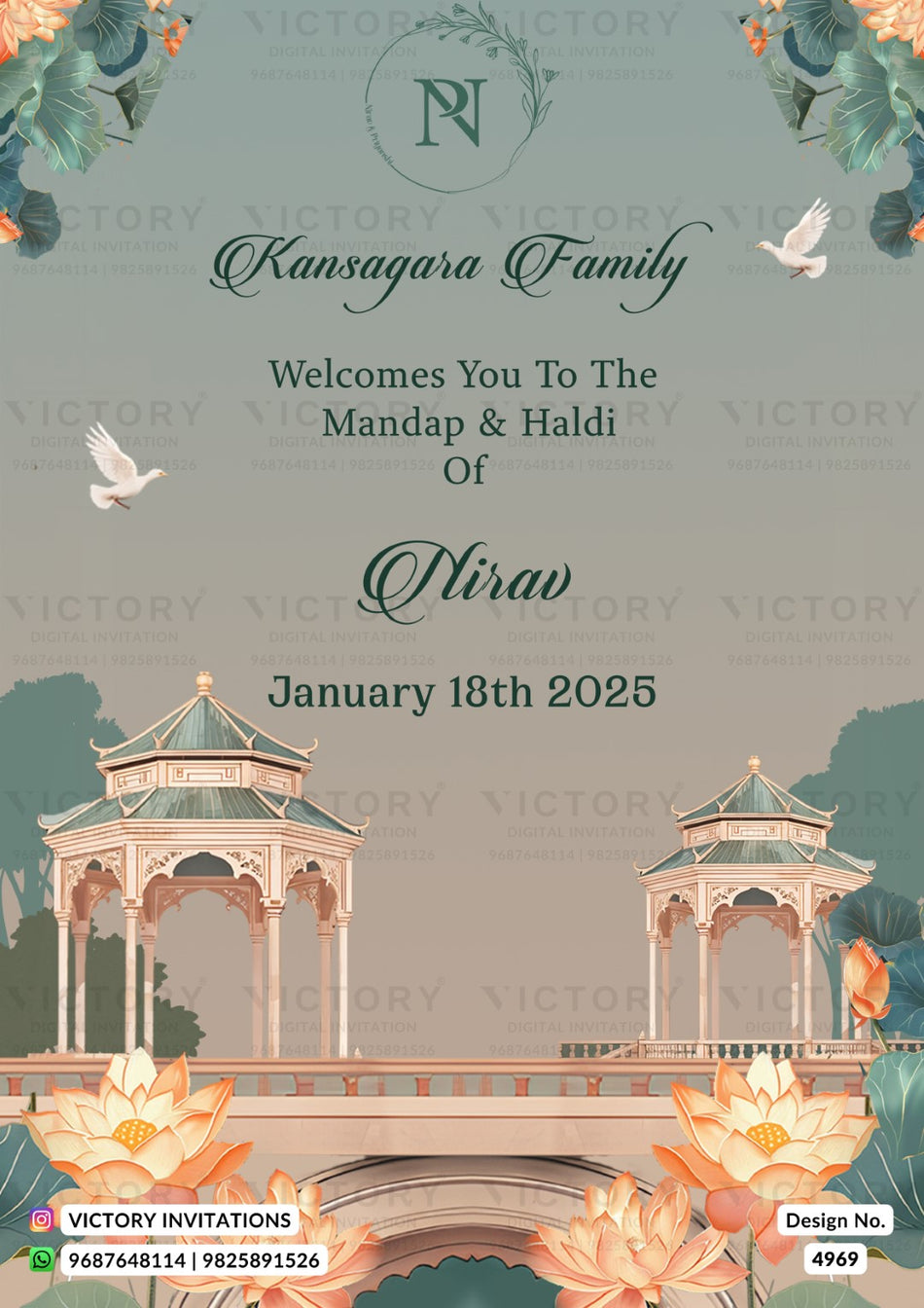 Custom wedding invitation card for the Kansagara Family welcoming Nishav, dated January 18th 2025. The design features a soft sage green background with elegant typography, illustrations of traditional Indian pavilions, lotus flowers, and white doves, branded with 'VICTORY INVITATIONS' at the bottom.