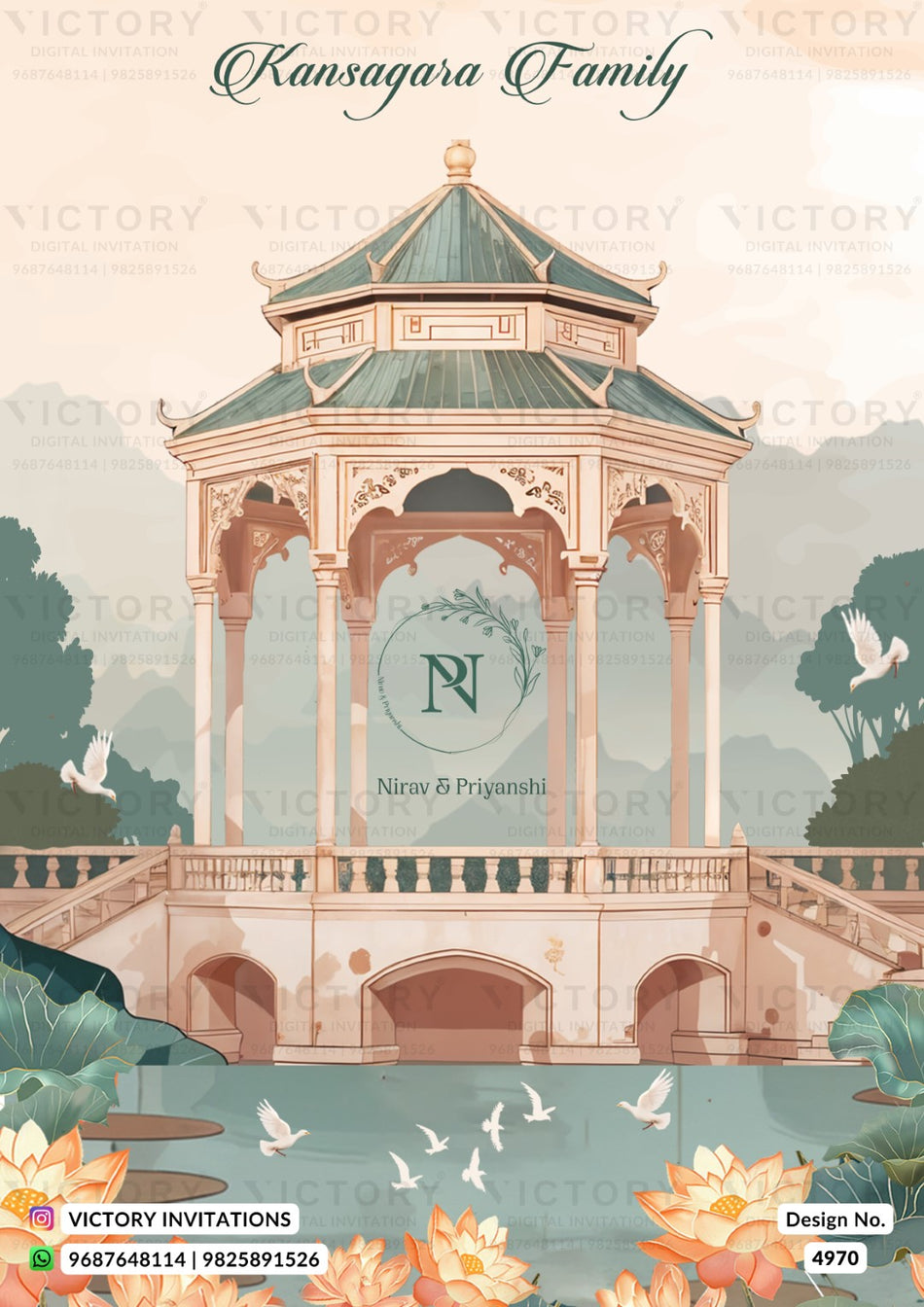 Custom wedding invitation card featuring an illustration of a traditional pavilion over a pond with lotus flowers and white birds. The top reads 'Kansasagara Family' and the center features a circular logo with 'N' and 'Nirav & Priyambha'.