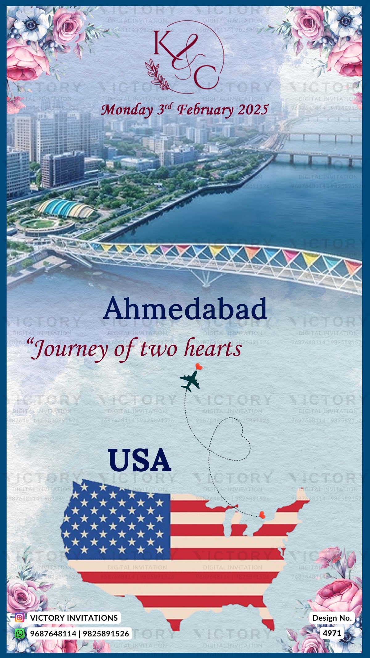 A travel invitation card design for an Ahmedabad USA journey, dated Monday 3rd February 2025. The card features a scenic aerial photograph of a river and bridge over a city skyline, with a map of the USA filled with the American flag, a small airplane graphic, and floral corner decorations.