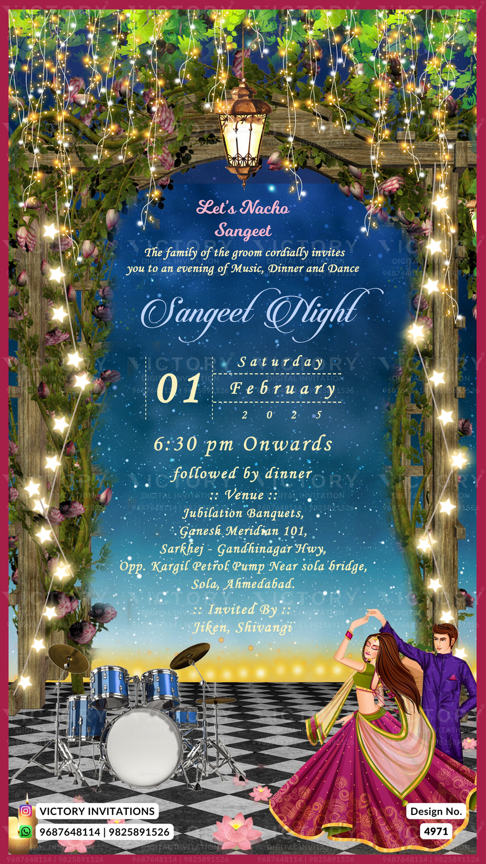 A festive wedding invitation card for 'Sangeel Night' featuring a dark blue central text panel framed by a glowing green and gold archway with hanging fairy lights. The bottom depicts a black-and-white checkered floor, a drum set, and two dancing couples under a starry night sky.