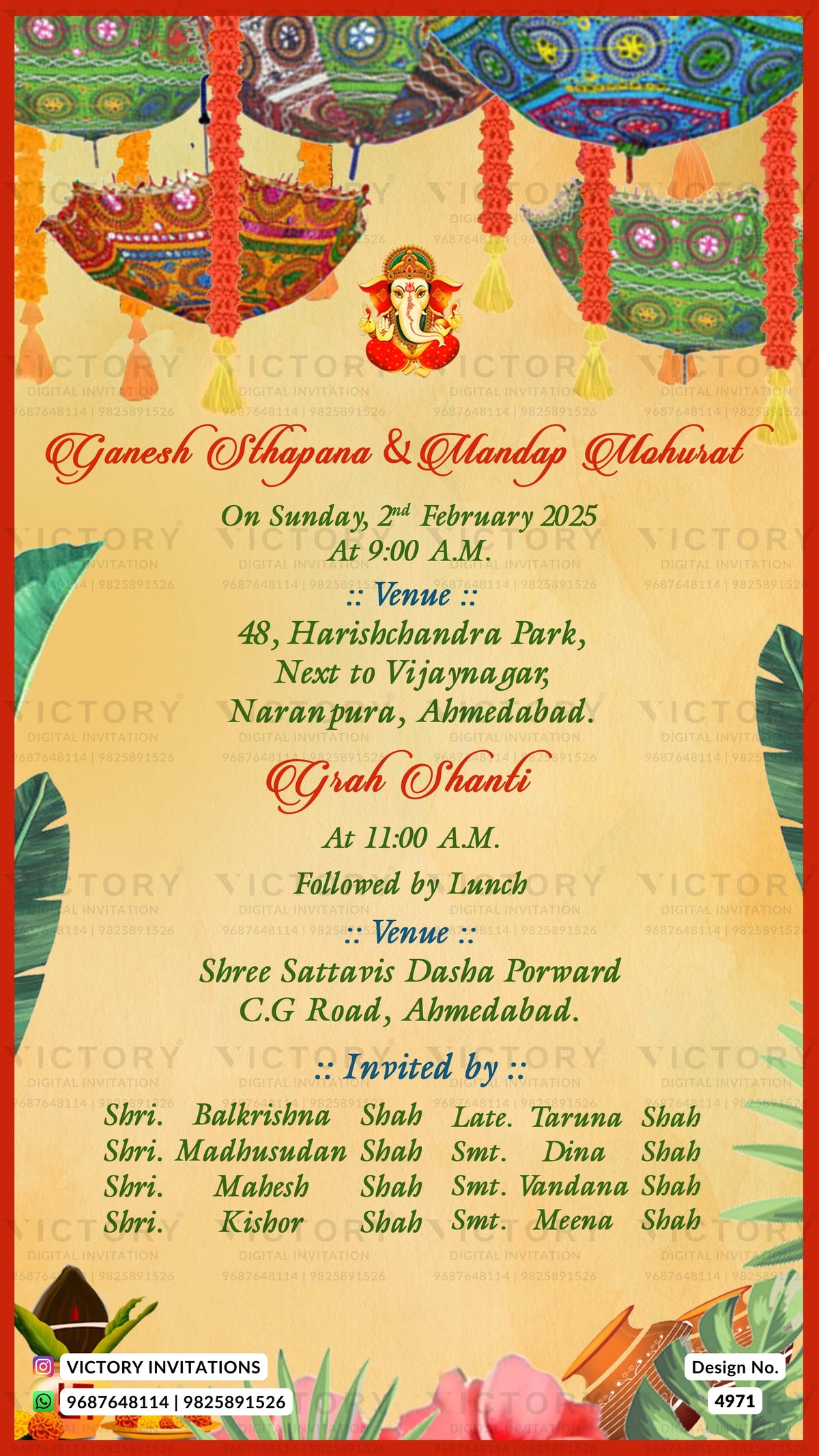 A festive Ganesha-themed wedding invitation card with traditional Indian illustrations, including a Ganesha idol, hanging ornaments, and a decorated boat. The card features red text on a warm beige background with green leaf accents and a red border.