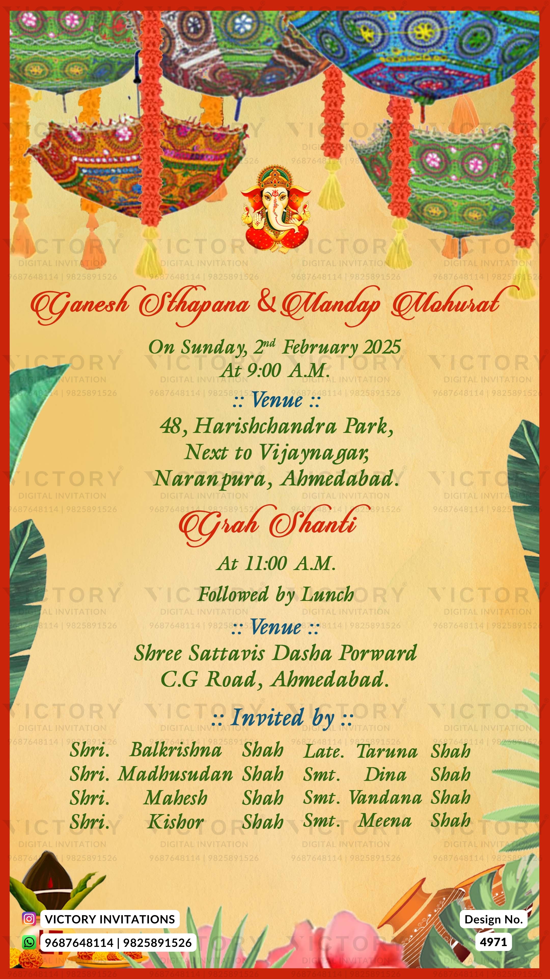 A festive Ganesha-themed wedding invitation card with traditional Indian illustrations, including a Ganesha idol, hanging ornaments, and a decorated boat. The card features red text on a warm beige background with green leaf accents and a red border.