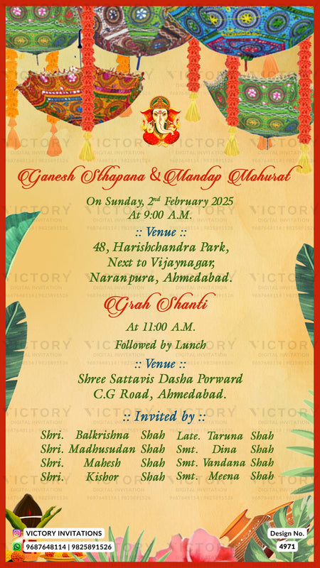 A festive Ganesha-themed wedding invitation card with traditional Indian illustrations, including a Ganesha idol, hanging ornaments, and a decorated boat. The card features red text on a warm beige background with green leaf accents and a red border.