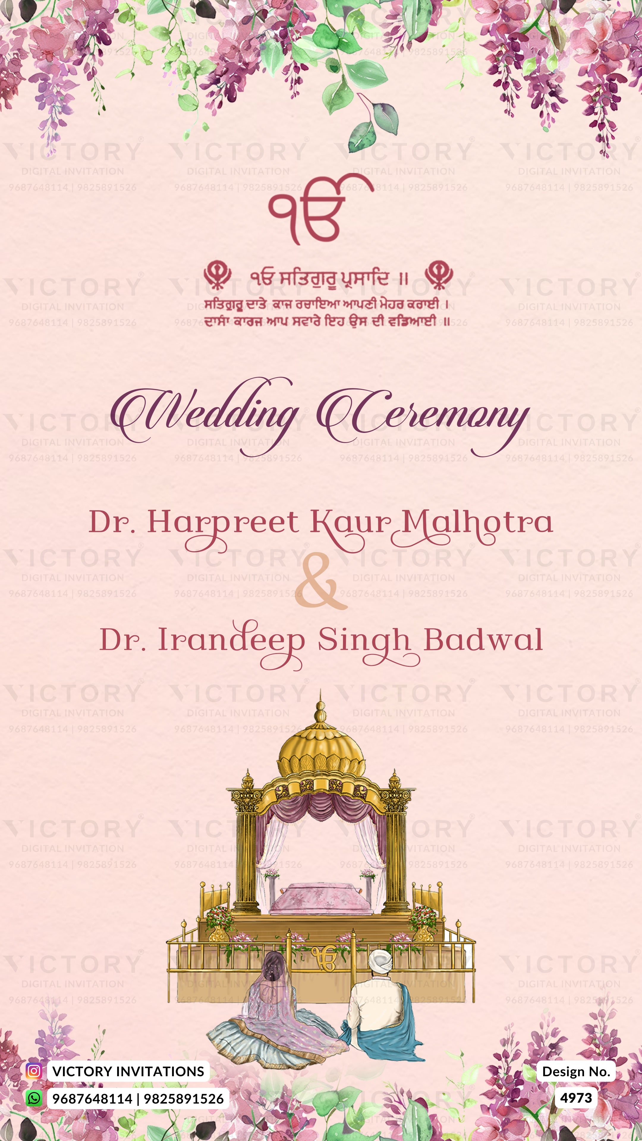 A wedding ceremony invitation card with a light pink background, floral decorations at the top and bottom, and an illustration of a traditional Indian wedding mandapa. The text includes the names of the wedding hosts, Dr.
