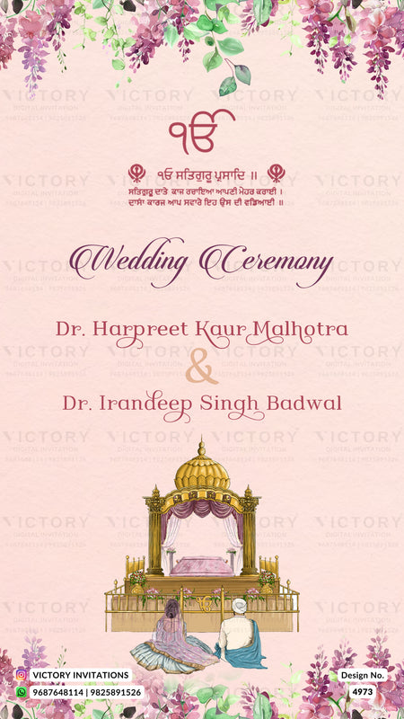 A wedding ceremony invitation card with a light pink background, floral decorations at the top and bottom, and an illustration of a traditional Indian wedding mandapa. The text includes the names of the wedding hosts, Dr.