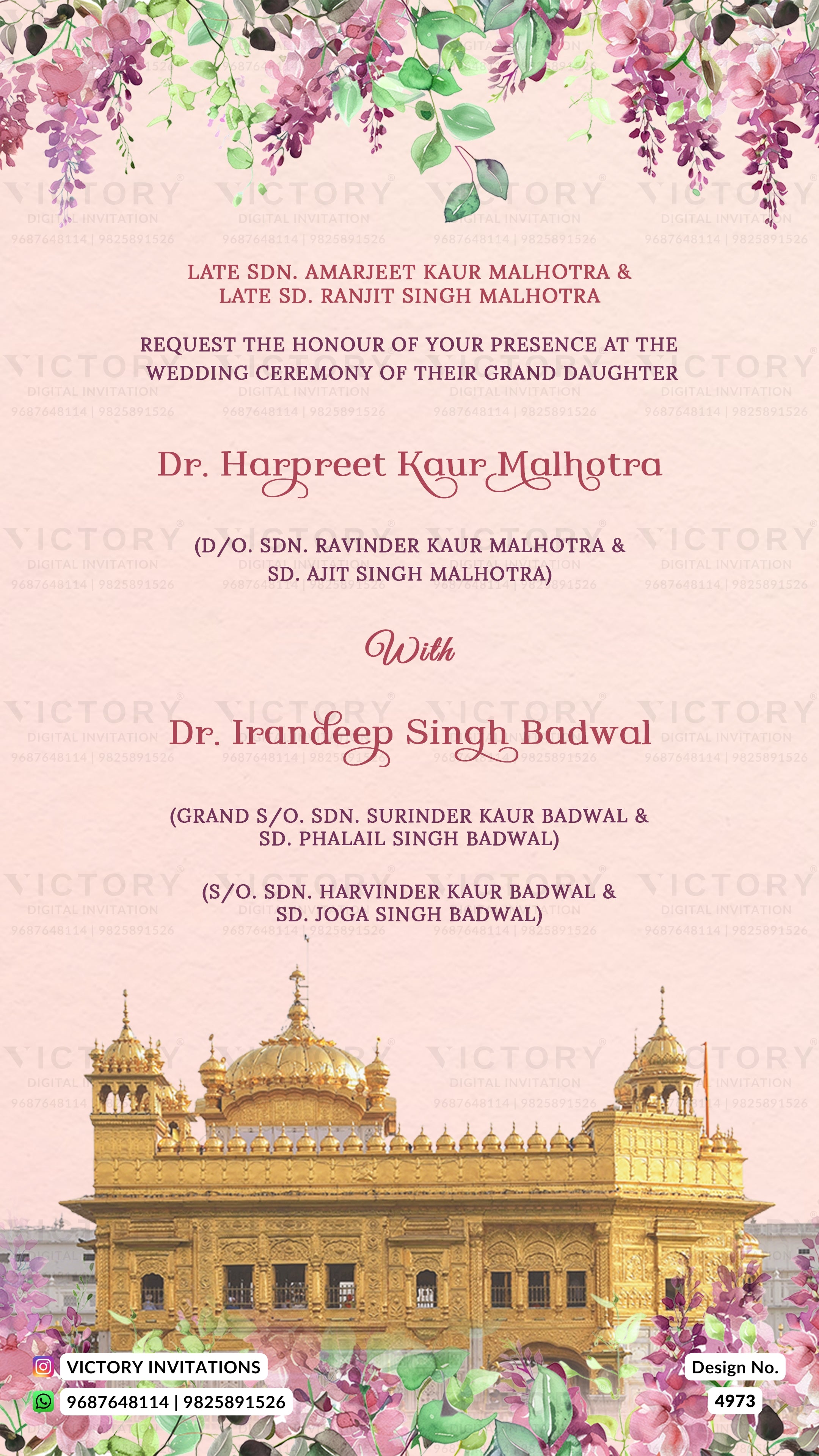 A wedding invitation card featuring a light pink background with elegant Hindi text, floral vine illustrations at the top and bottom, and a golden Sikh temple illustration at the bottom.