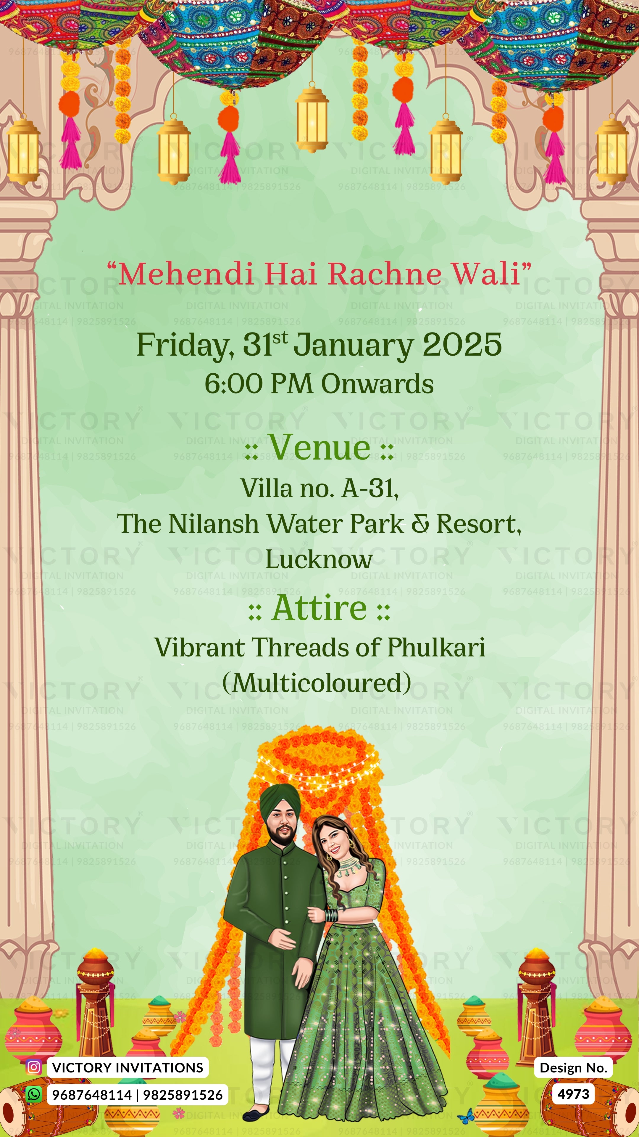 A digital Indian wedding invitation card design for 'Mehendi Hai Rachne Wali!' featuring a light green background, traditional Indian architectural borders, hanging lanterns, and an illustration of a bride and groom in traditional attire.