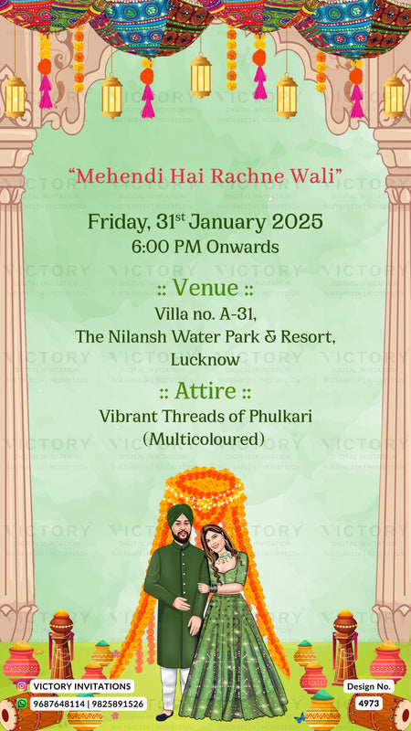 A digital Indian wedding invitation card design for 'Mehendi Hai Rachne Wali!' featuring a light green background, traditional Indian architectural borders, hanging lanterns, and an illustration of a bride and groom in traditional attire.