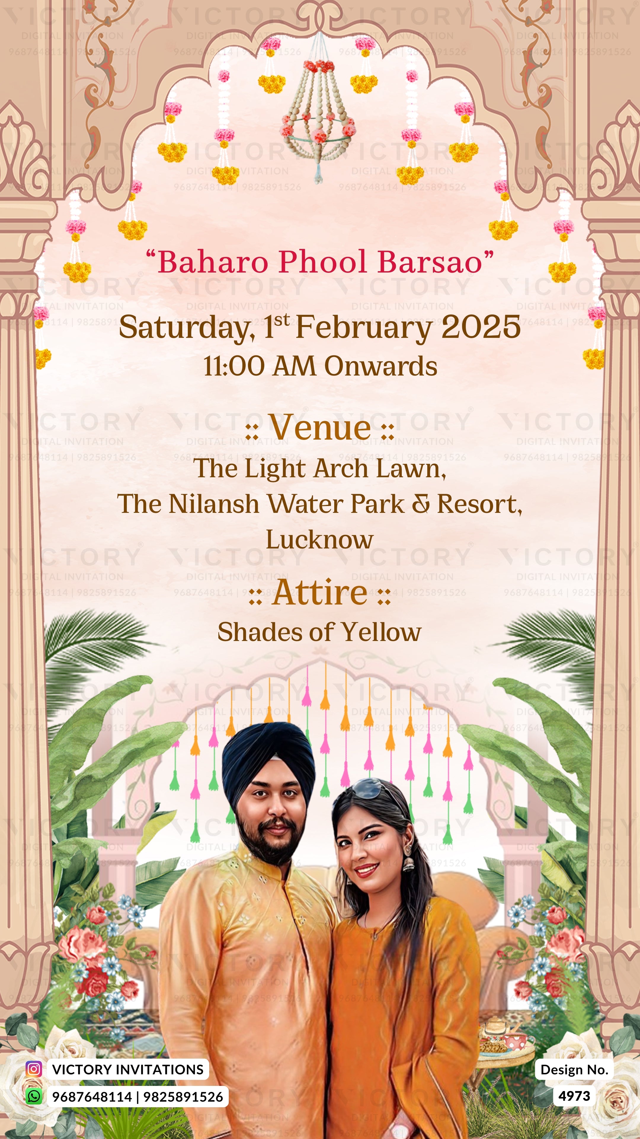 A digital Indian wedding invitation card template with a traditional Indian architectural border. The card features event details for 'Baharo Phool Barsao' on Saturday, 1st February 2025, at The Light Arch Lawn, The Nilansh Water Park & Resort, Lucknow.