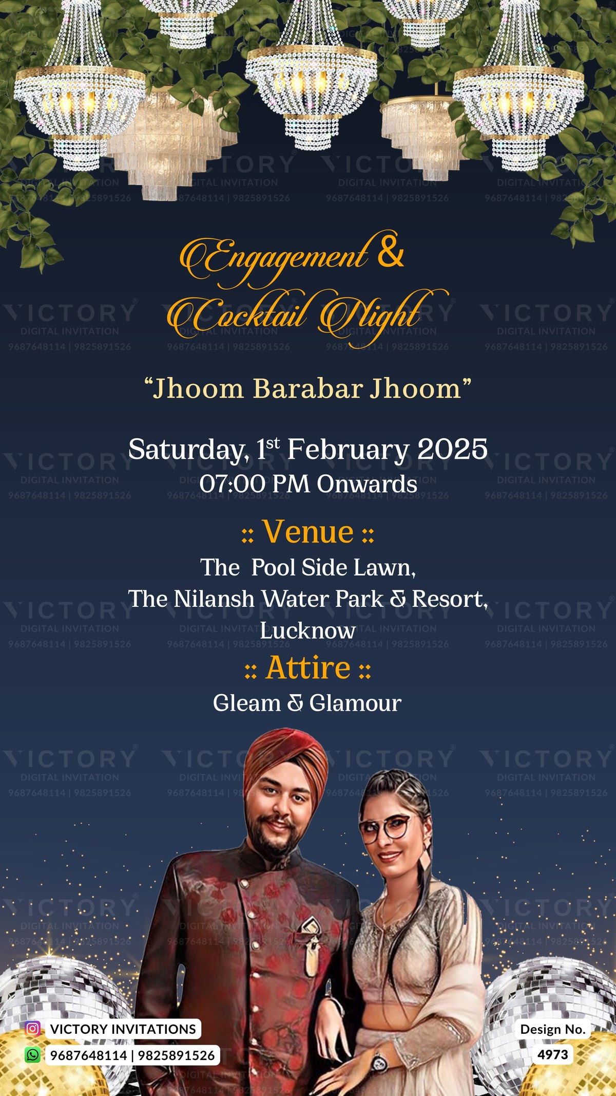A digital wedding invitation design for an engagement and cocktail night. The design features a dark navy blue background with elegant gold and white typography, decorated with hanging chandeliers at the top and a photo of a groom and bride at the bottom.