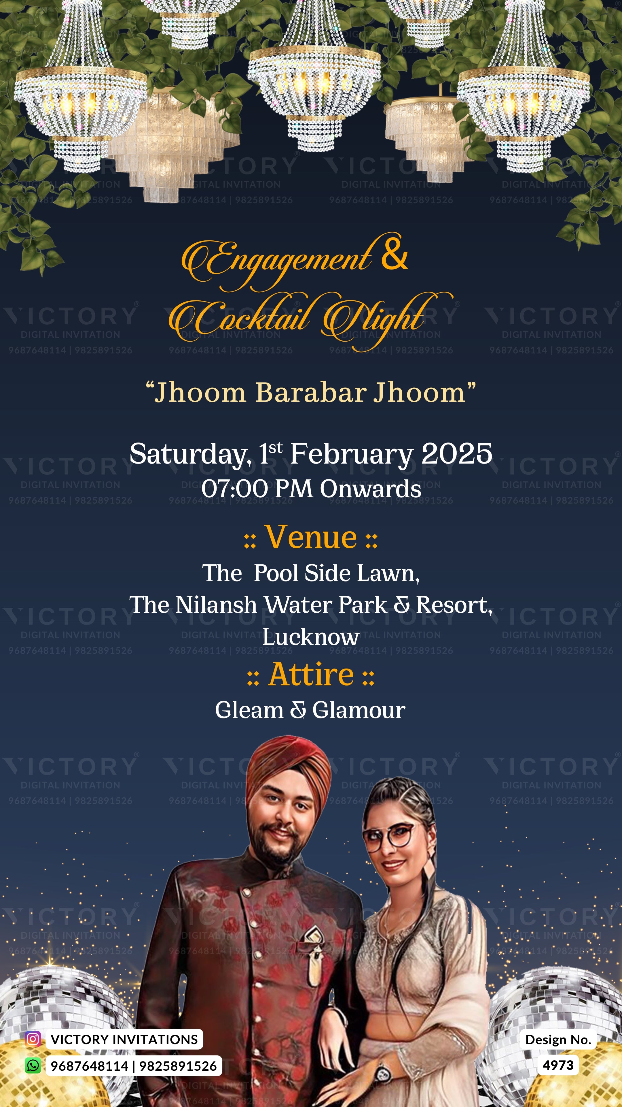 A digital wedding invitation design for an engagement and cocktail night. The design features a dark navy blue background with elegant gold and white typography, decorated with hanging chandeliers at the top and a photo of a groom and bride at the bottom.