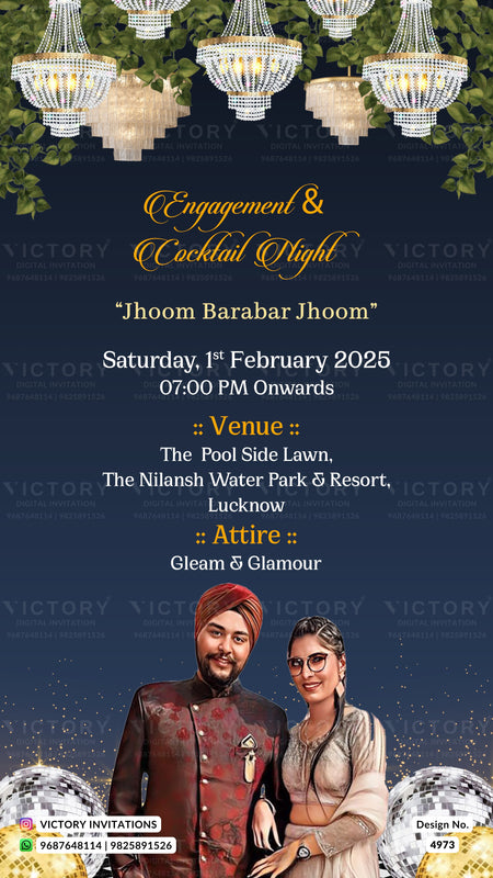 A digital wedding invitation design for an engagement and cocktail night. The design features a dark navy blue background with elegant gold and white typography, decorated with hanging chandeliers at the top and a photo of a groom and bride at the bottom.