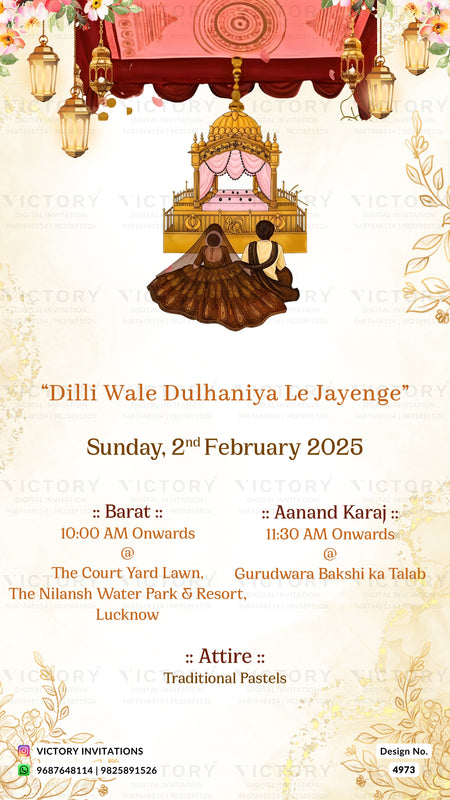 A festive wedding invitation card for a traditional Indian 'Dilli Wale Dulhaniya Le Jayenge' event, featuring a traditional red and gold palanquin illustration at the top, with event details listed below on a cream-colored background with floral accents.