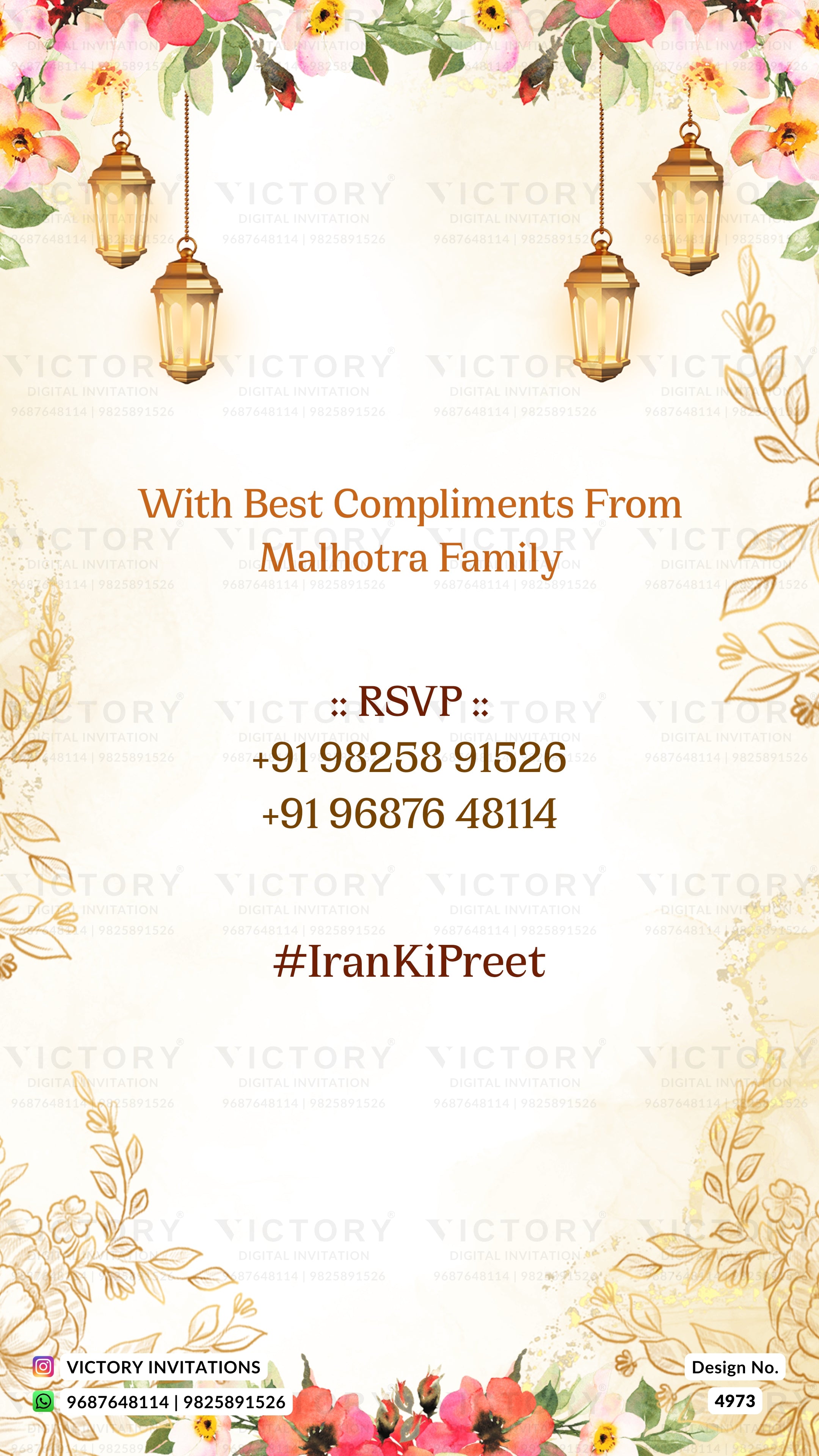 A festive wedding invitation card design with floral borders, hanging lanterns, and gold decorative accents on a cream background. The text reads 'With Best Compliments From Malhotra Family' followed by RSVP contact details and '#IranKiPreet'.
