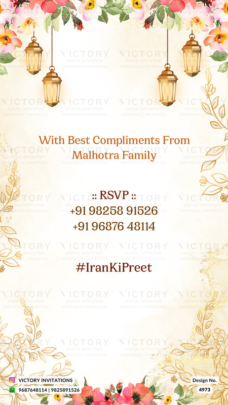 A festive wedding invitation card design with floral borders, hanging lanterns, and gold decorative accents on a cream background. The text reads 'With Best Compliments From Malhotra Family' followed by RSVP contact details and '#IranKiPreet'.