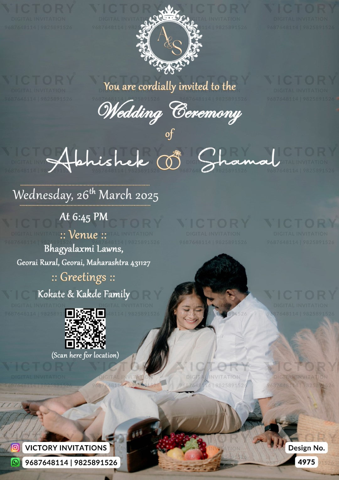 A wedding invitation card design with a photo of a couple sitting together, alongside event details, a QR code, and the Victory Invitations branding.