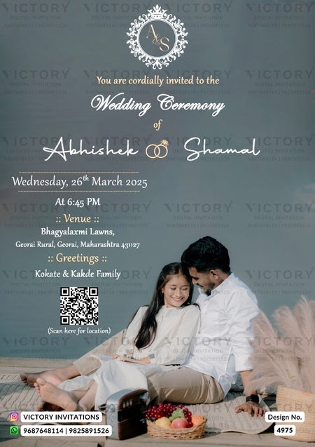 A wedding invitation card design with a photo of a couple sitting together, alongside event details, a QR code, and the Victory Invitations branding.