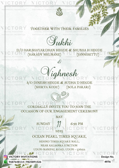 Engagement invitation card with elegant typography, floral corner illustrations, and a central ring icon on a pale green textured background. The card includes names, date, time, and venue details for a Sukhi and Vighnesh engagement ceremony.