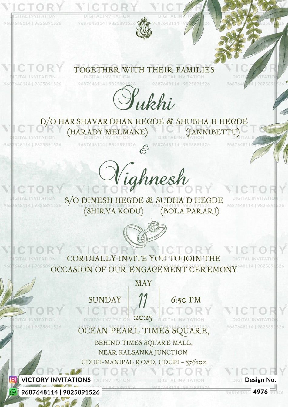Engagement invitation card with elegant typography, floral corner illustrations, and a central ring icon on a pale green textured background. The card includes names, date, time, and venue details for a Sukhi and Vighnesh engagement ceremony.
